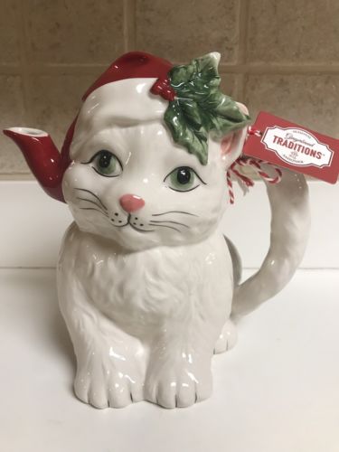 2018 Blue Sky Clayworks White Cat Holiday Teapot NEW