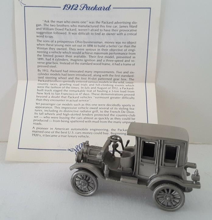 Vntg Danbury Mint 1912  PACKARD Pewter Cars of the WORLD W/Certificate