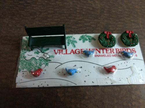 Dept 56 Snow Village Winter 5 Birds Red And Blue PARK BENCH 2 WREATHS