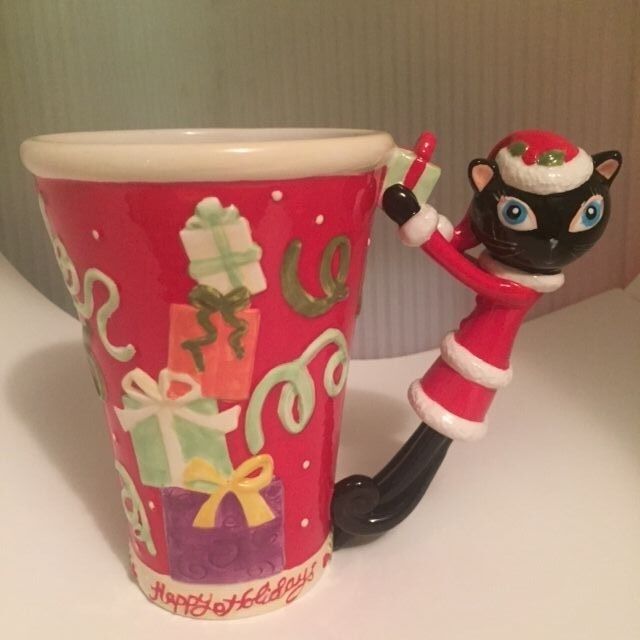 RARE Department Dept 56 HAPPY HOLIDAYS Christmas Cat Mug Coffee Cup - HTF