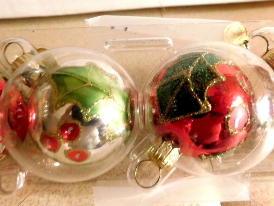 Rare Vintage Dept 56 Czech Republic (12) Holly Christmas Ornaments Glass 1.5