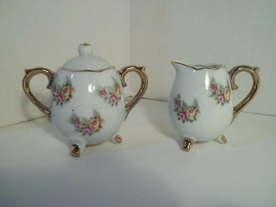 Vintage Enesco Small Footed Creamer & Sugar Bowl Floral with Gold Accents