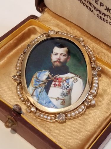 Antique Imperial Russian Tsar Nicholas II Diamond Enamel Gold Brooch Stick Pin