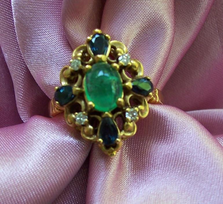 NEW 1987 $1950 FABERGE 14K GOLD RING 4 DIAMOND Carat CABOCHON EMERALD 4 SAPH 7.5