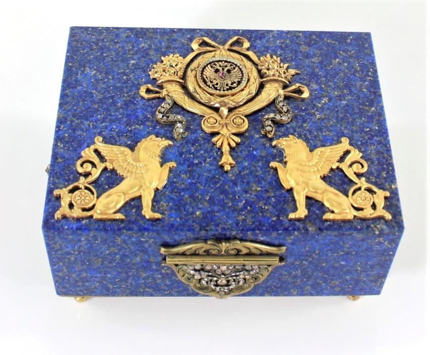 FABERGE-MARKED RUSSIAN DIAMOND-ENCRUSTED SILVER GILT LAPIS HINGED BOX