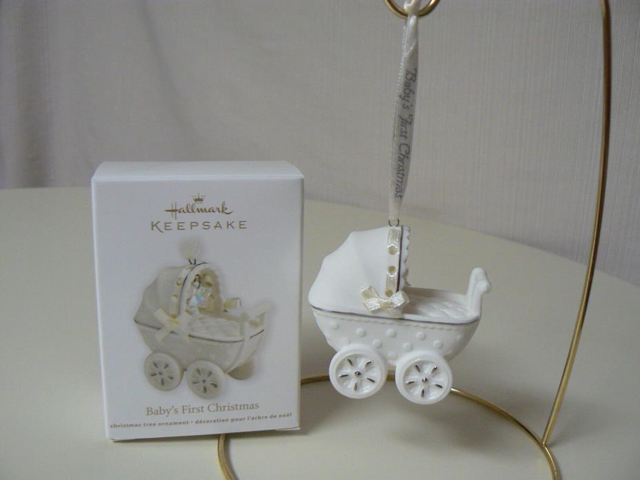 Hallmark Ornament 2011 BABY'S 1ST CHRISTMAS White Baby Carriage NEW Porcelain