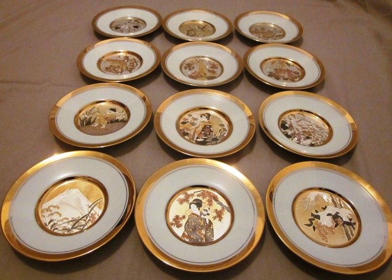 Lot of 12 Japanese Chokin Floral Calendar Hamilton Collection Plates - 23k Gold