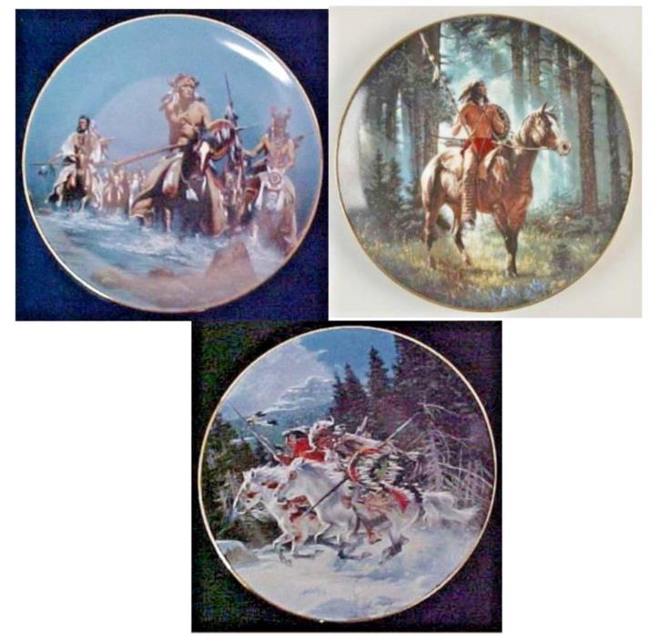 SET OF 3 HAMILTON COLLECTION PLATES, ALL INDIAN WARRIOR THEMED, GORGEOUS PLATES