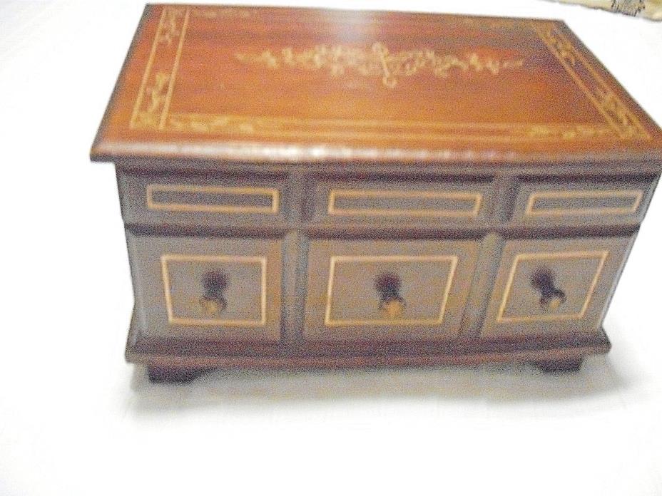 Vintage Royal Sealy Wooden Jewelry Box with Mirror and Wind Up Music Box Japan