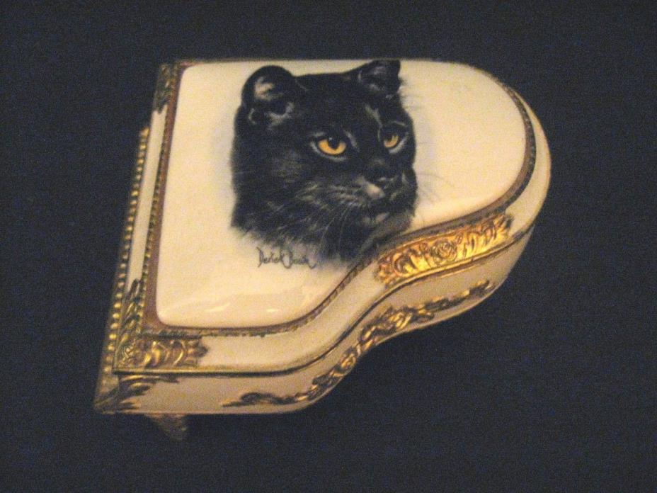 Vintage Porcelain Metal Piano Trinket Music Box Black cat design by Derick Brown