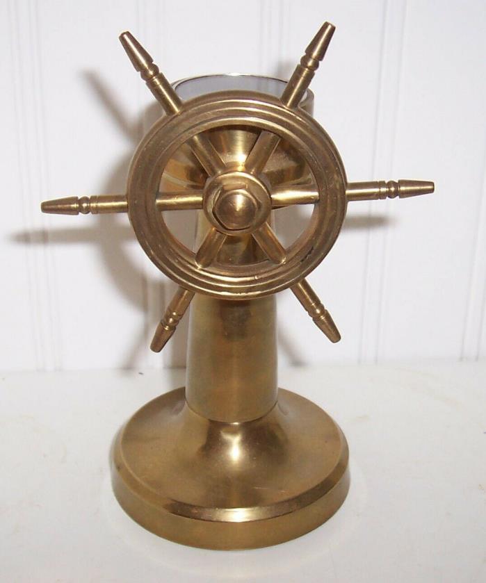 Vintage Compass In Brass Stand w/ Captian Wheel Helm,Very Nice
