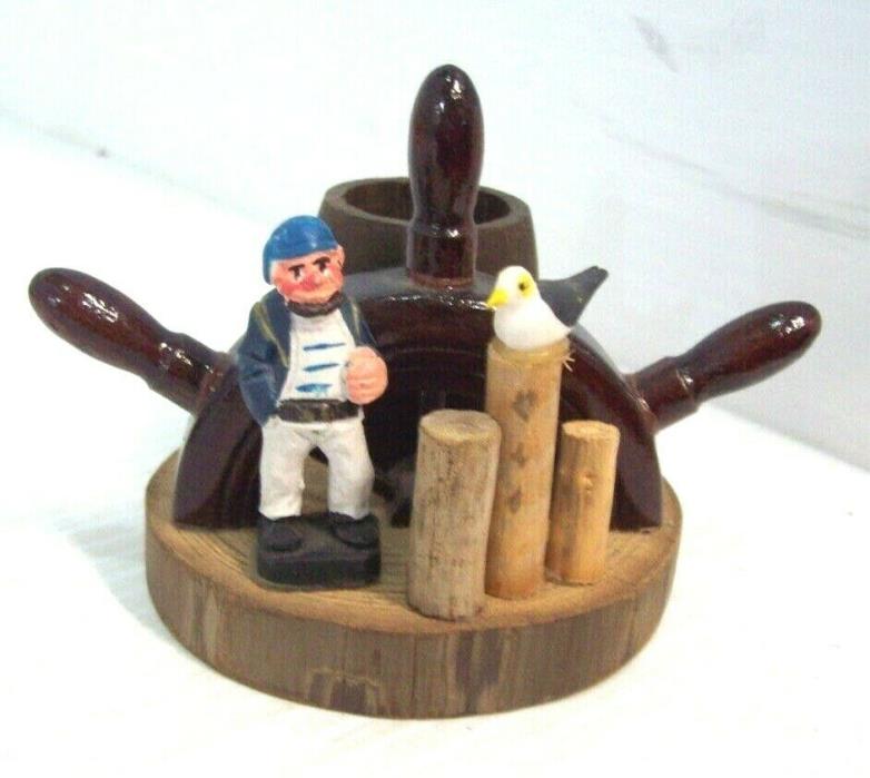 Vintage Nautical Ship Captain Pirate Toothpick Holder, Ships Wheel  Made in USA