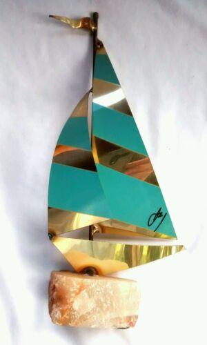 Brass and agate stone sailboat sculpture signed by artist