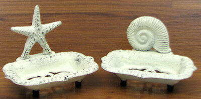 Seashell & Starfish Soap Dish Set of 2 Cast Iron Painted  White Bath Decor