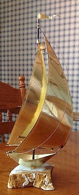 VINTAGE ARTIST SIGNED BRASS SAILING SHIP ON MARBLE BASE SCULPTURE