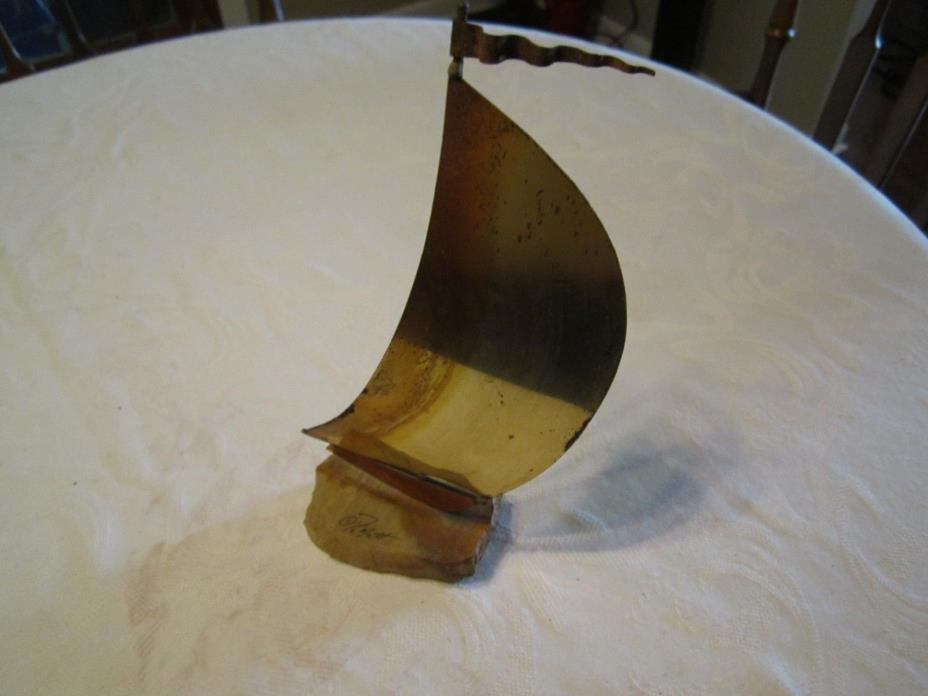 Vintage Brass Sailboat Nautical Decor Boat on Marble Base Artist Signed Demott