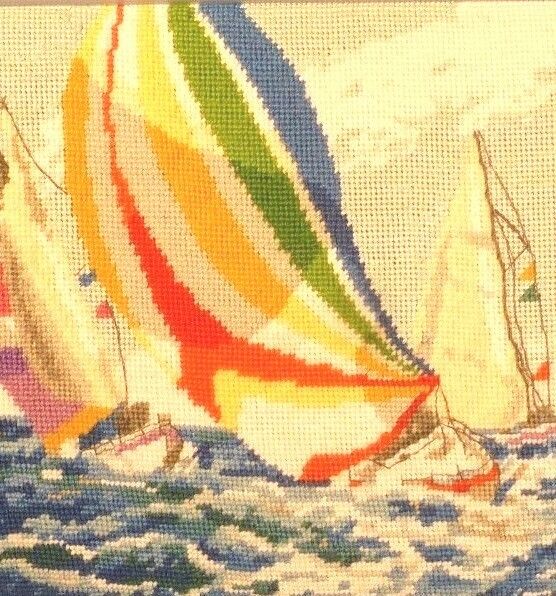 Vintage AMERICAS CUP Sailing Sailboats REGATTA Needlepoint Sampler Tapestry Art