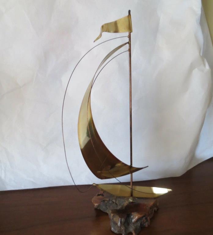 Vtg Brass Sailboat on Driftwood Nautical Sculpture MCM Jere Era Table top