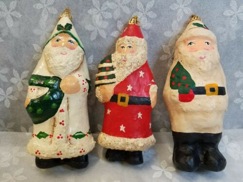 Paper Mache Santa Ornaments Set Of 3 Vintage Look Old World Santa Like  *mcb