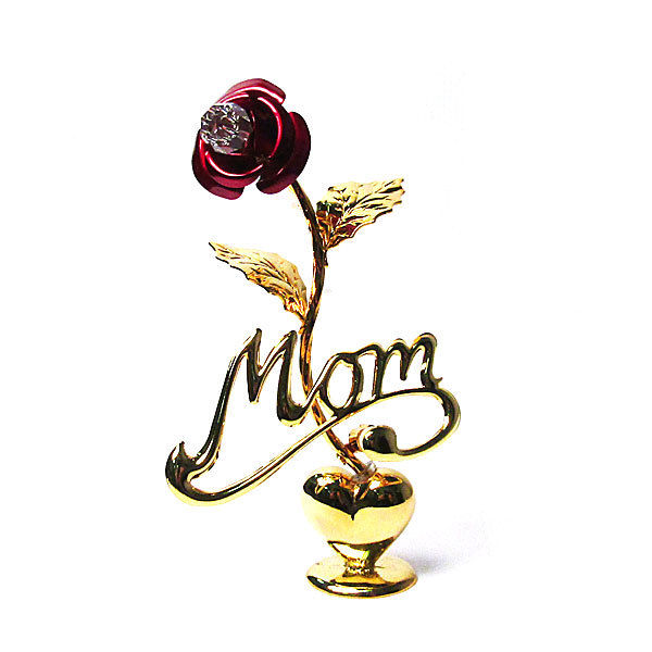 PRECIOUS  HANDCRAFTED 24K GOLD-PLATED AUSTRIAN CRYSTAL RED ROSE WITH MOM