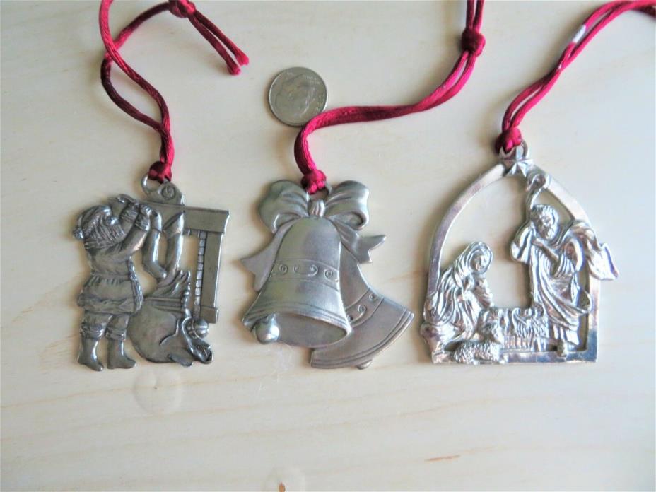 Three Seagull Pewter Collectible Christmas Ornaments Bells, Santa, Nativity