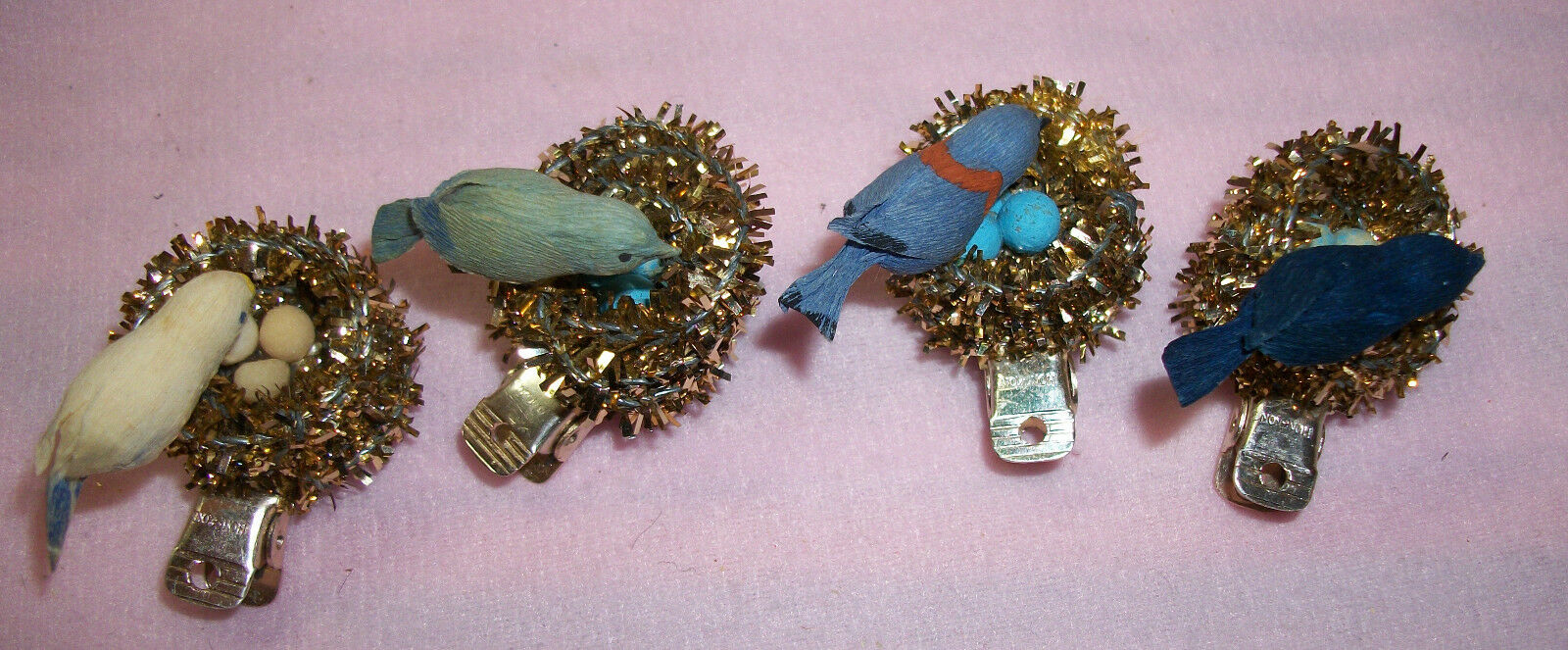 4 Vintage DIANE Clip-on Tiny Tinsel Birds Nest with Eggs Christmas Ornaments