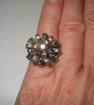 Large Mid Century 14kt White Solid Gold Diamond Sapphire Cocktail Ring Free Szg