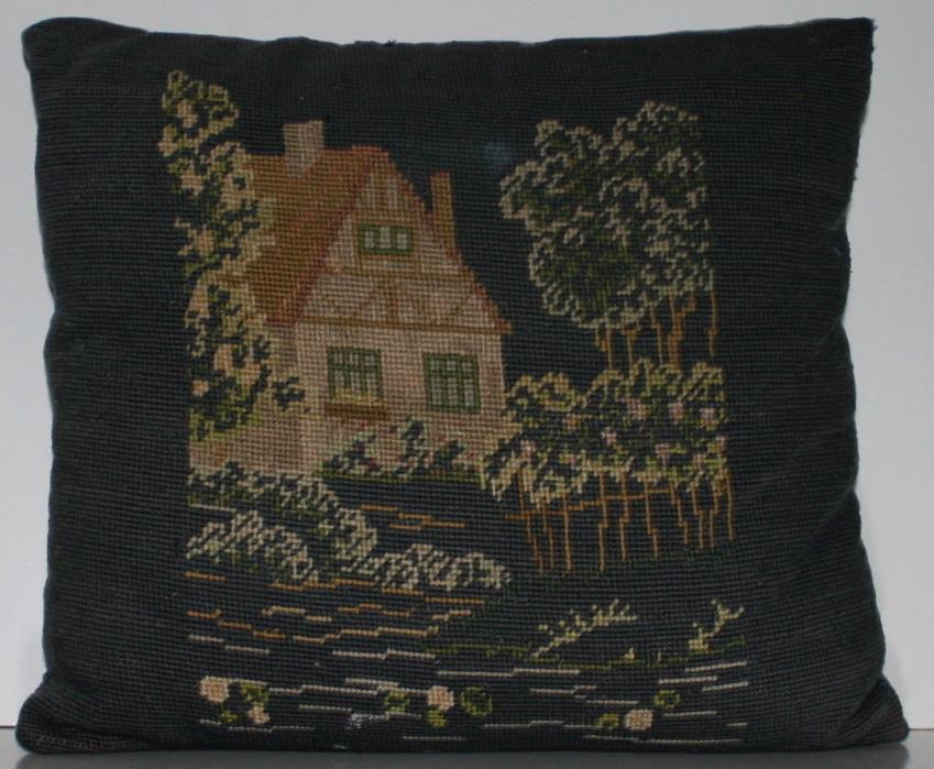 VINTAGE Bungalow - Tiny House Hand Stitched NEEDLEPOINT PILLOW 14