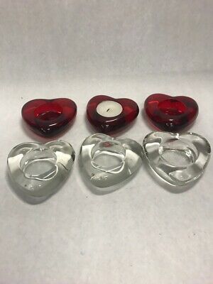 Set 6 votive candle holder 3 red 3 clear HEART tea light 3 by 3 inch heavy