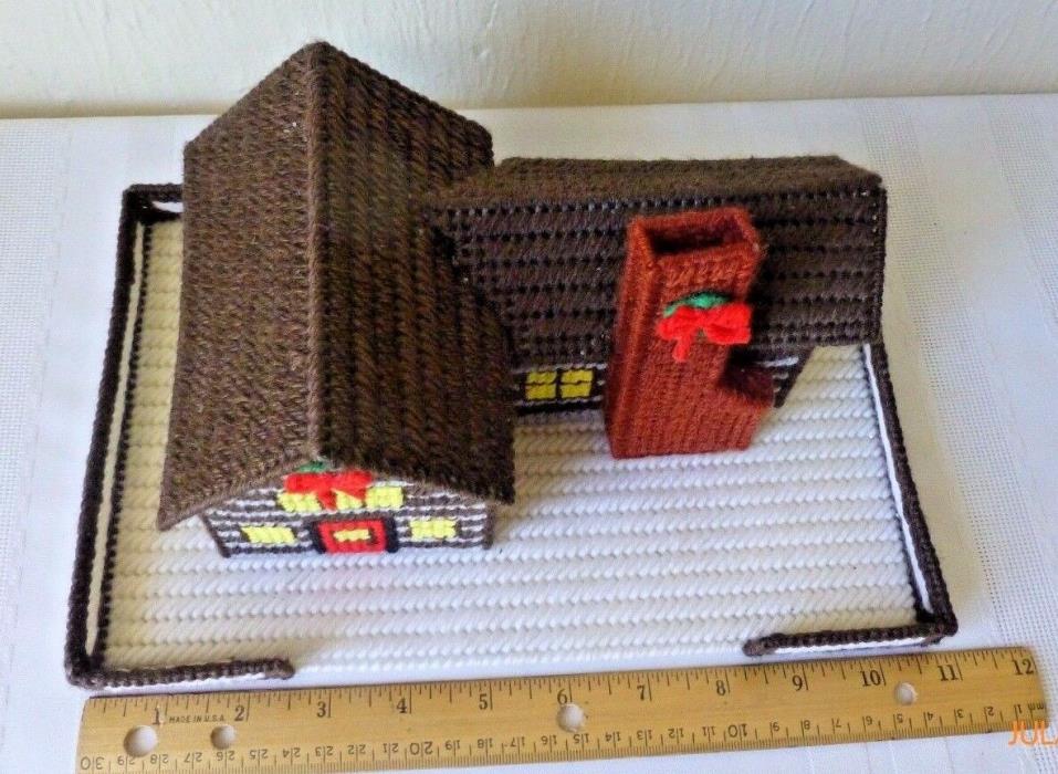 VTG Plastic Canvas Christmas Village Brown House Brown Roof  Red Door Handmade