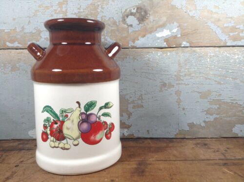 Vintage Ceramic Milk Crock Vase Jug Fruit Design Handles Utensil Holder Decor
