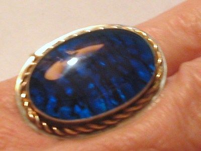 Beautiful BLUE PAUA ABALONE SHELL Solid 925 Sterling Silver & 14KGF Ring Adj Sz