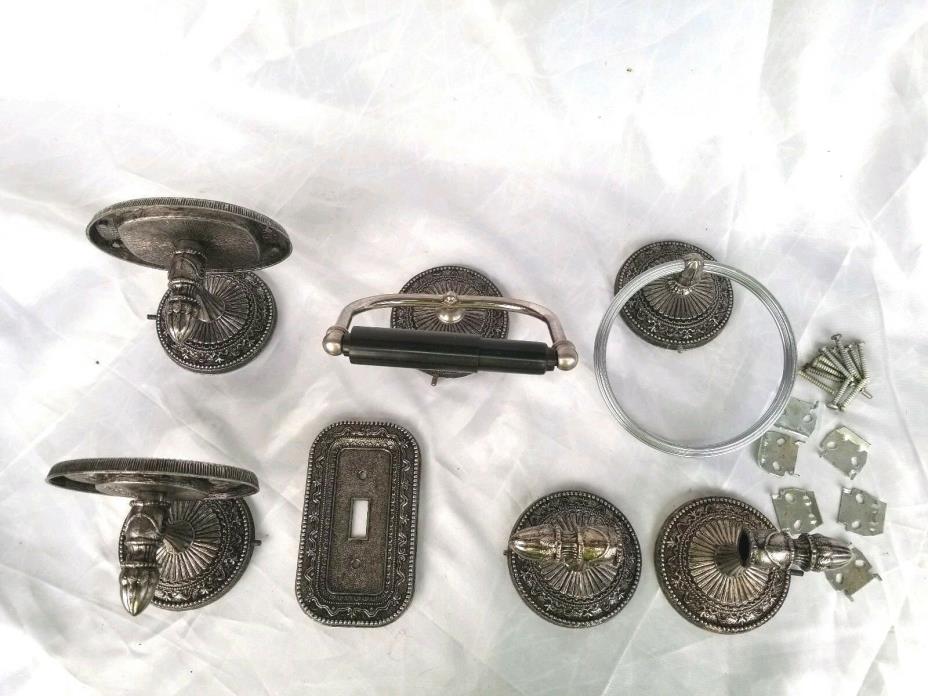 6 VTG MCM HOLLYWOOD REGENCY SILVER METAL BATHROOM HARDWARE 67020 USA MELARD