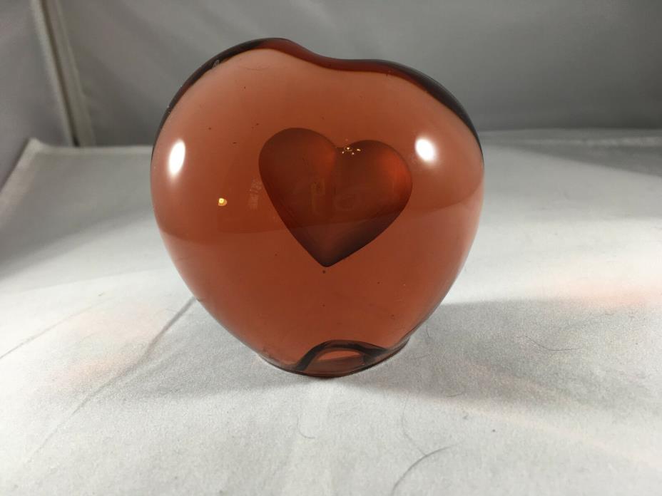 Vintage Red/Pinkish Transparent  Crystal/Glass Heart Paperweight