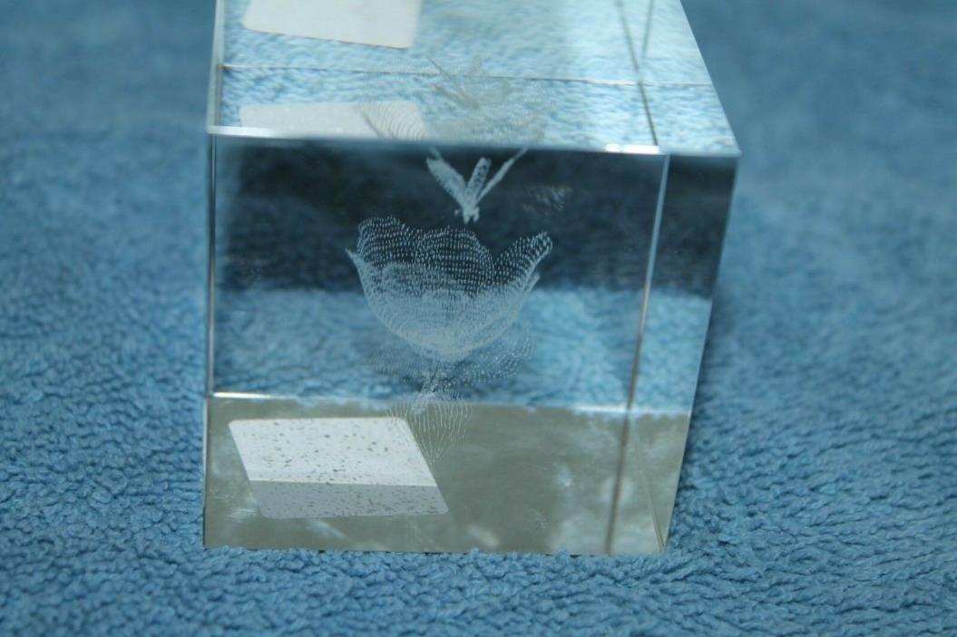 Glass Paperweight Etched Butterfly with Flower 3D Laser Etched