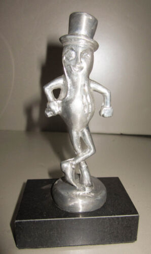 Mr. Peanut Planters Man Statue polished aluminum on marble base NO cane USA made