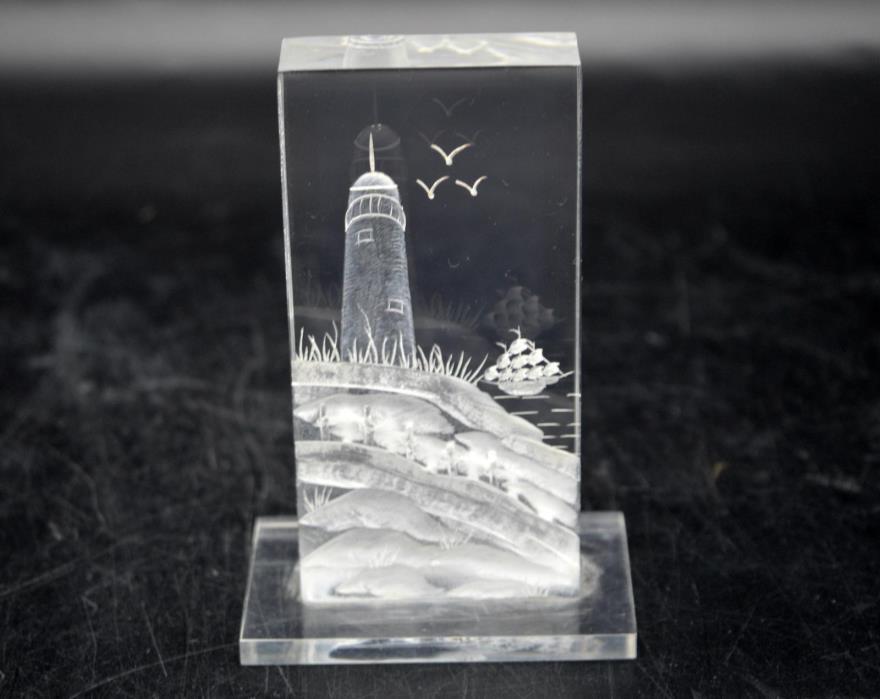 Acrylic Paperweight with Cut/Etched Lighthouse on Beach