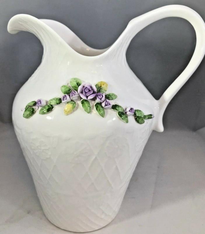 Ceramic Pitcher White Purple Floral  Decor Utensil Holder  7” Tall