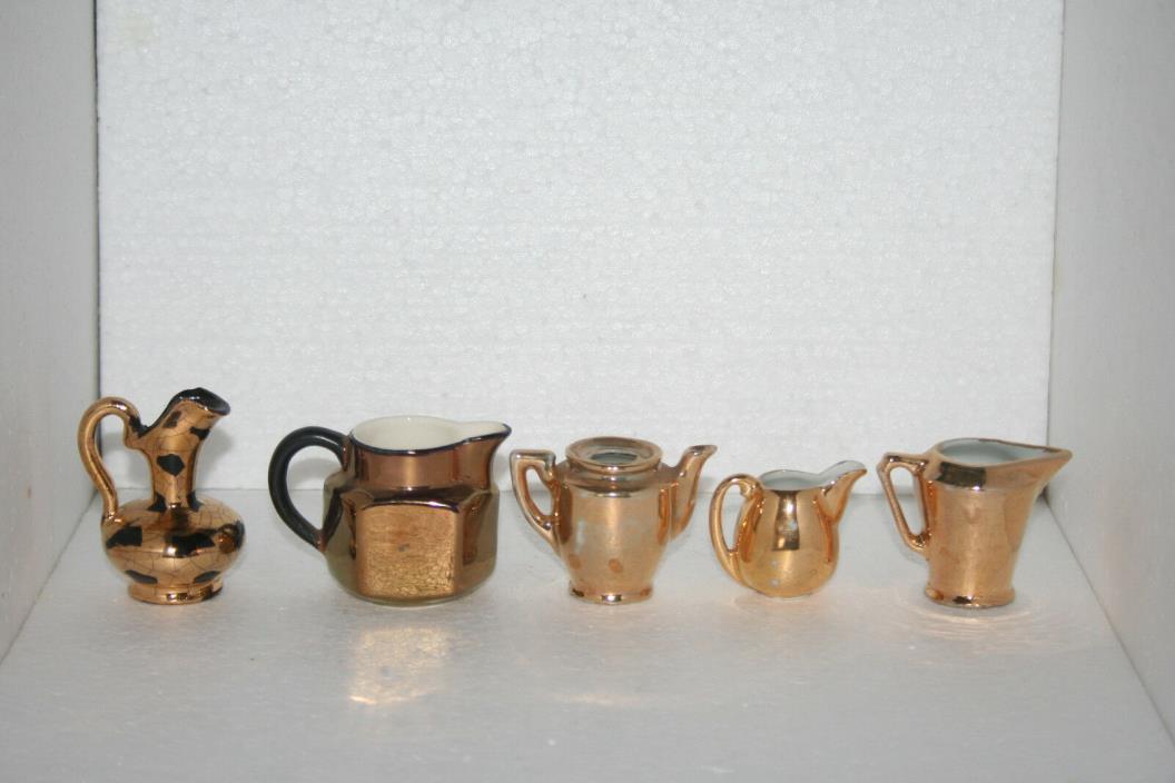 Vintage Mixed Lot 5 Hand Painted Art Pottery Miniature Pitchers Gold Gilt Finish