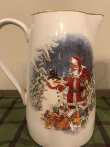 Pottery Barn Statement Santa White Pitcher with Santa/Snowman Trimmed In Gold.