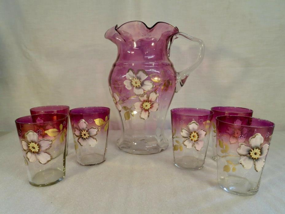 Gorgeous Victorian Water Set Hand Painted Pitcher With 6 Glasses