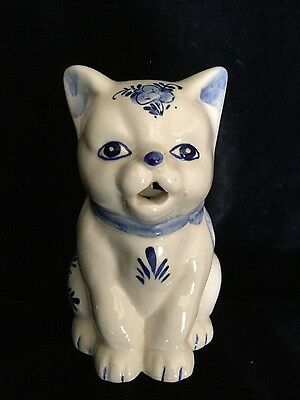 Delf Blue and White Ceramic Small Cat Pitcher with Floral/Windmill Design