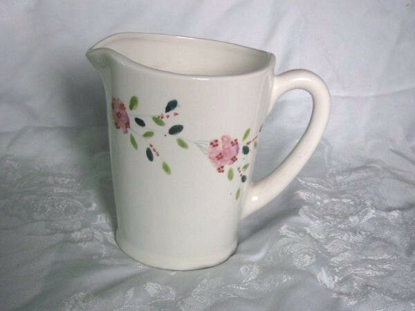 Vintage Creamy White Ceramic Pottery Pitcher W/Pink Flowers Green Leaves Shabby