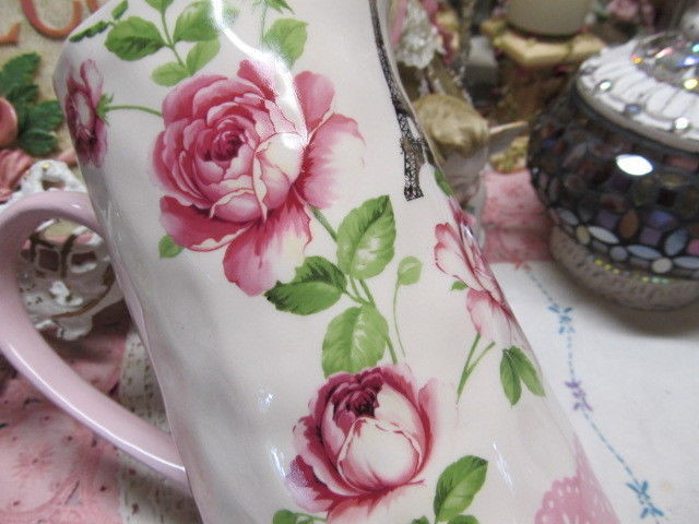 Decorative CERAMIC PITCHER/VASE with PINK ROSES, EIFFEL TOWER, French, Cott
