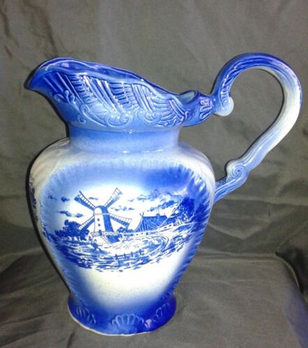 Beautiful  Blue & White Ceramic Pottery Windmill Scenic  Pitcher