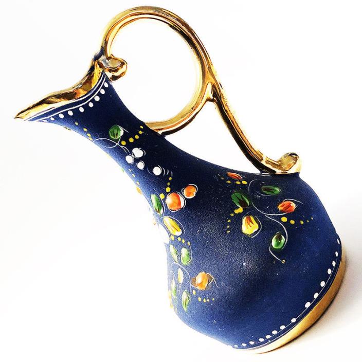 Decorative Mini Pitcher - Rare 5.5 Inch Decanter w/ Floral Decoration -Blue Vase