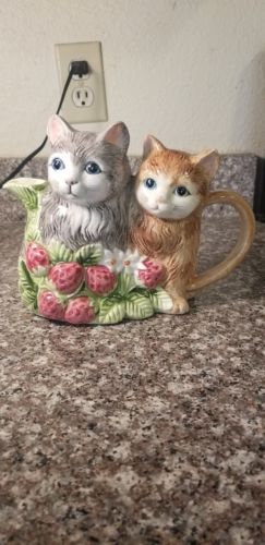 Takahashi Figural Two Kitty Cat Pitcher with Strawberries & Flowers Hand Painted