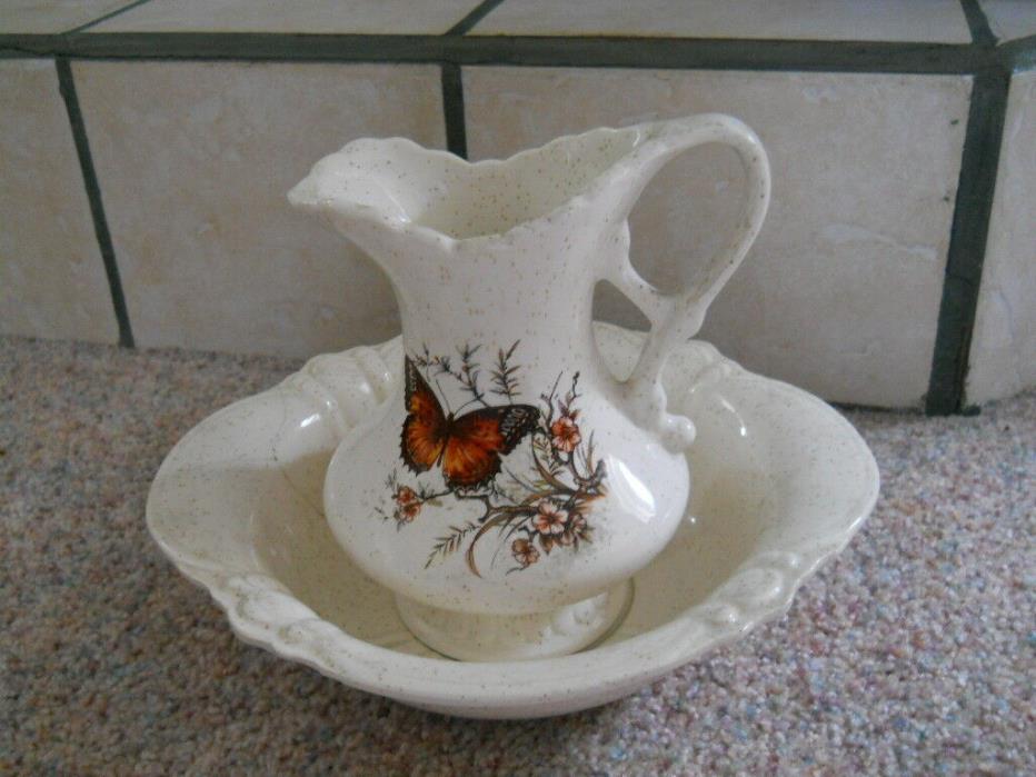 Vintage Butterfly Antique White Pitcher Collectible Scalloped Basin Bowl Plate