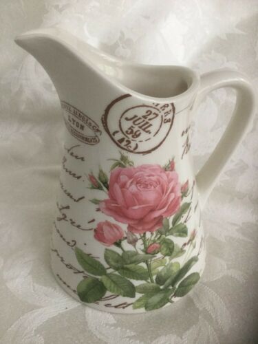 Telefloral Gift Shabby Pink Rose Floral Chic Pitcher Vase Script Garden Party