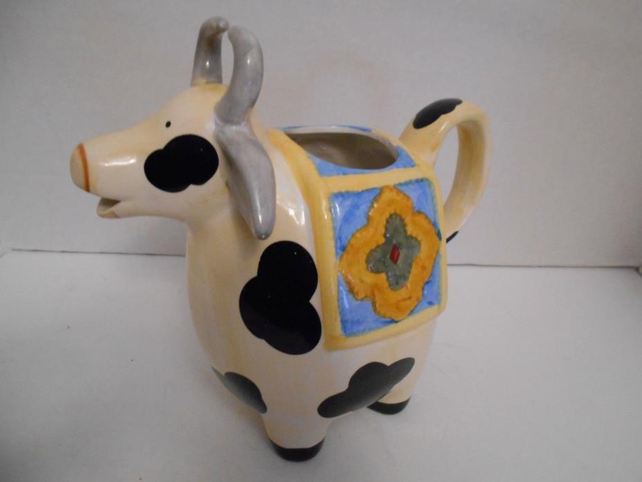 Spotted Cow with Horns Ceramic Milk Pitcher, 9-1/2